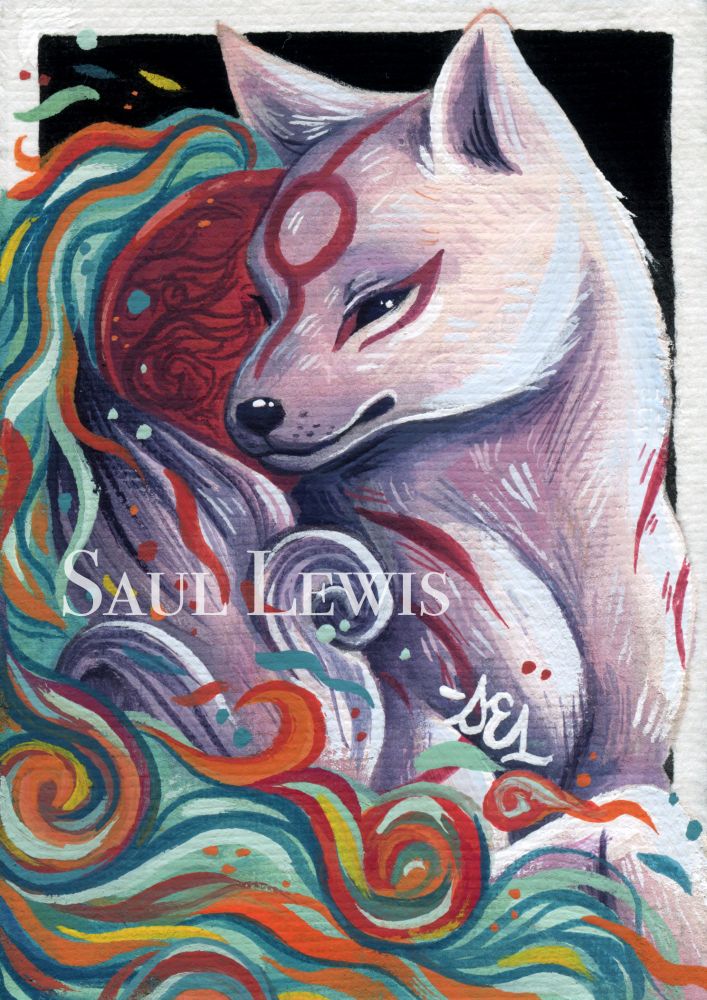 A gouache ACEO/ small painting of Okami Amaterasu with the Divine Mirror Solar Flare.