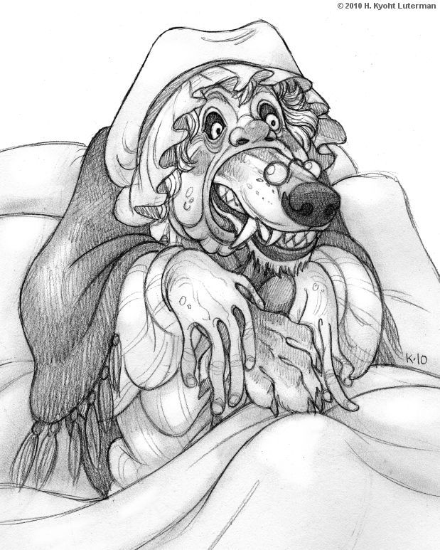 The big bad wolf wearing Grandma's skin, his muzzle pokes out from her gaping mouth. Graphite, 2010