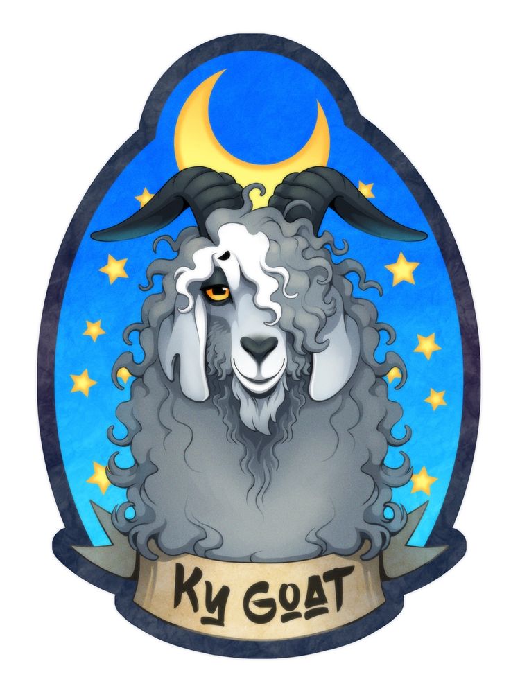 A conbadge that says Ky Goat featuring a portrait of a grey angora goat. 