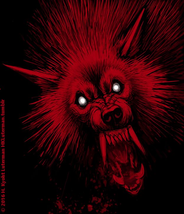 Limited palette, a red werewolf face snarls on a black background. His eyes glow white. 2016