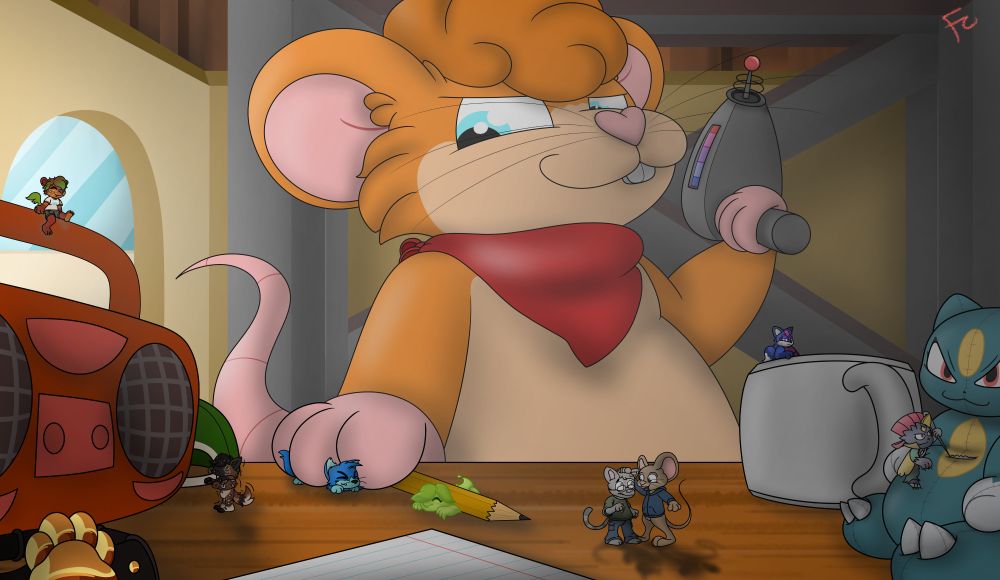 Catty the Mouse deviously looking at a desk full of a bunch of micros participating in a variety of activities, such as listening to music from a giant boombox, being smushed by Catty's paw and a pencil, comparing heights, relaxing in a coffee cup, and sewing a giant plushie.