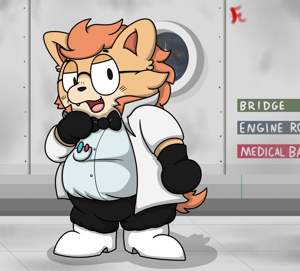 A hamster-like creature in a lab coat standing in the hallway of a spaceship
