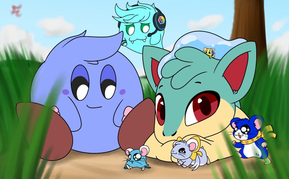 A group picture in a field featuring Drizzle chasing Bubbles and Rose, all are hamsters. Watching them is Vex, a kirby, Steam, a Quillava, Nia, a Jolteon on top of Steam, and Wisp, a boo A group picture in a field featuring Drizzle chasing Bubbles and Rose, all are hamsters. Watching them is Vex, a kirby, Steam, a Quillava, Nia, a Joltik on top of Steam, and Wisp, a boo