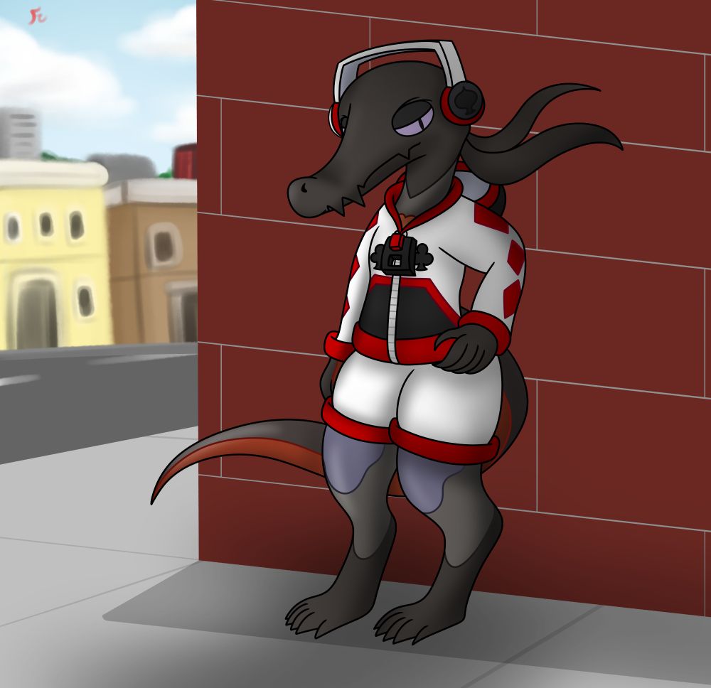 A Salazzle standing in an alley wearing headphones