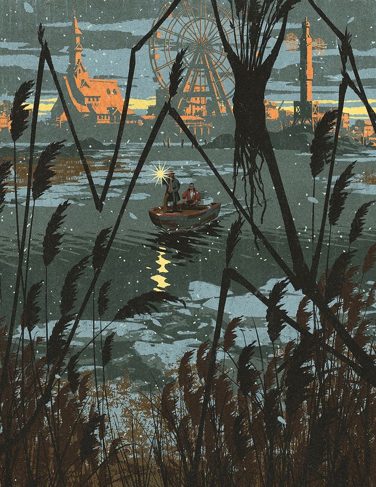 Illustration depicting a scene late in the game Disco Elysium, where the protagonists are off on a boat to explore an islet. Camouflaged within the reeds near the viewer, the Insulidian Phasmid, a local cryptid, can be seen.