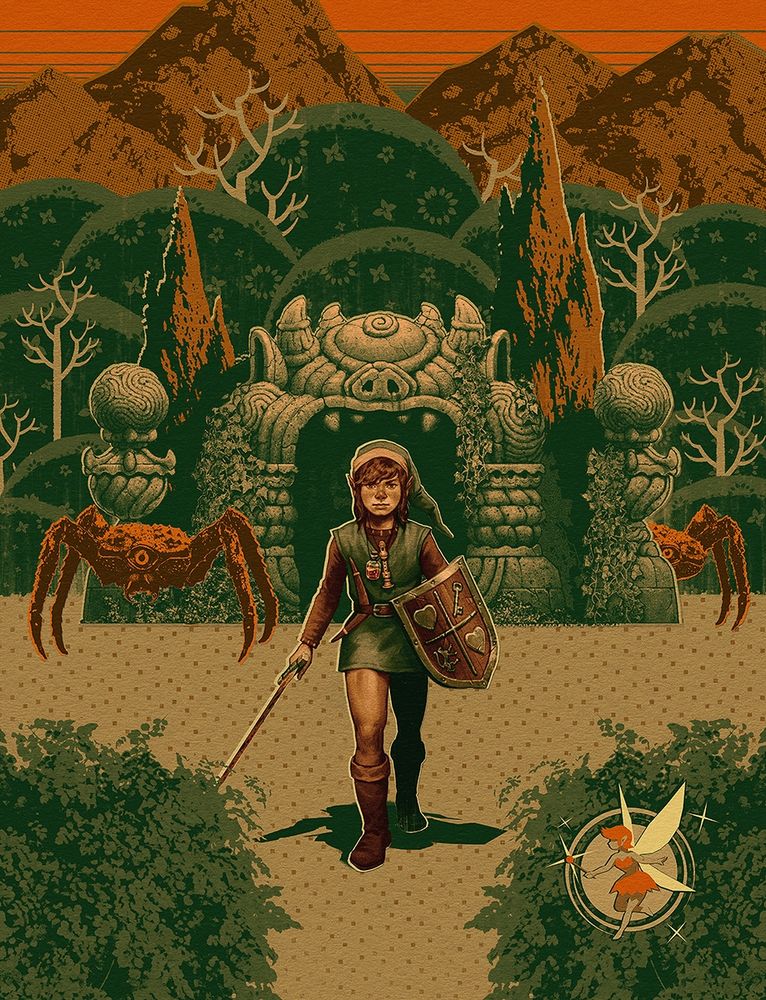 Collage illustration showing Link, from The Legend of Zelda, leaving a dungeon, holding a sword and shield. The dungeon entrance is sculpted as a monster face, around which 2 spider-like creatures are lurking. 
There is a row of stylized repeated trees in the background, and a mountain far in the distance. A fairy hovers in the foreground over some bushes.