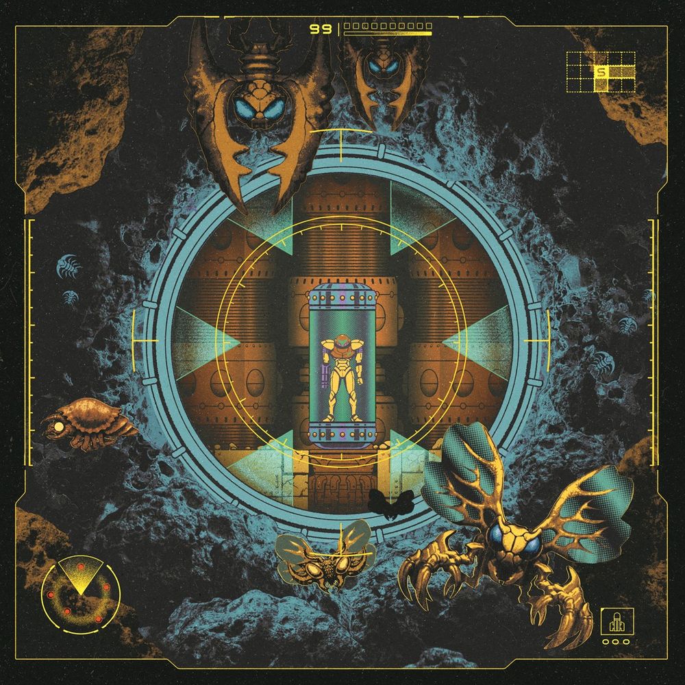 Collage illustration in a square format and muted colors, where Samus (the hero of the game Super Metroid) is seen in a save room through a round hatch on the wall of a cave. In the cave, outside this hatch, insect-like aliens fly and scuttle about. A game-type interface, with a mini-map, radar and other info frames the piece