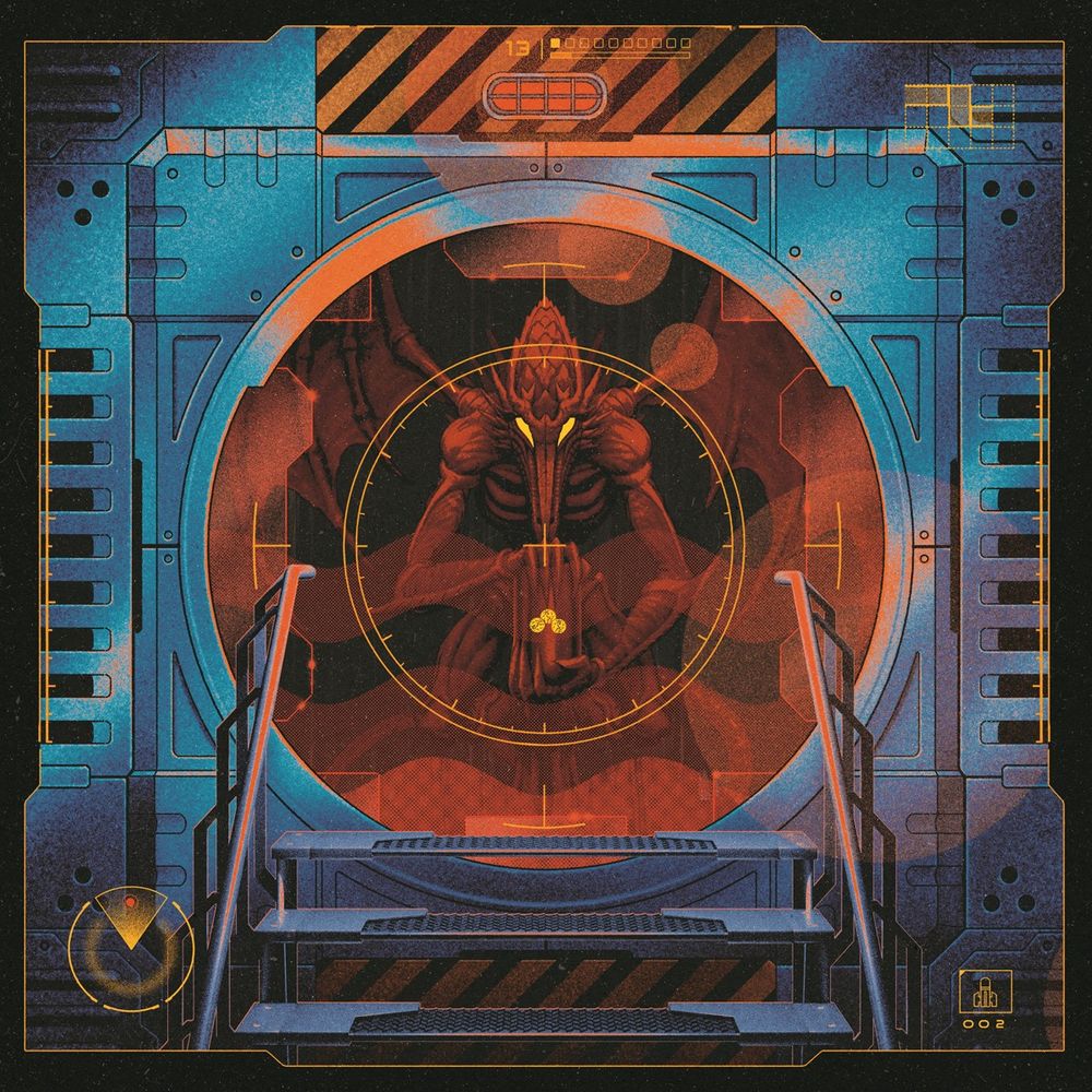 The last Illustration in the set. Here we see what happens in the game after Samus moves on from the room with the dead scientists. Through her eyes, on the other side of a round hatch up a short set of stairs, the alien monster Ridley, on of the main bosses in the game, holds a Metroid embryo which he stole from the vat in the previous scene. Red lights flash, coloring Ridley and making him/it look even more threatening. The frame is similar to the other images.