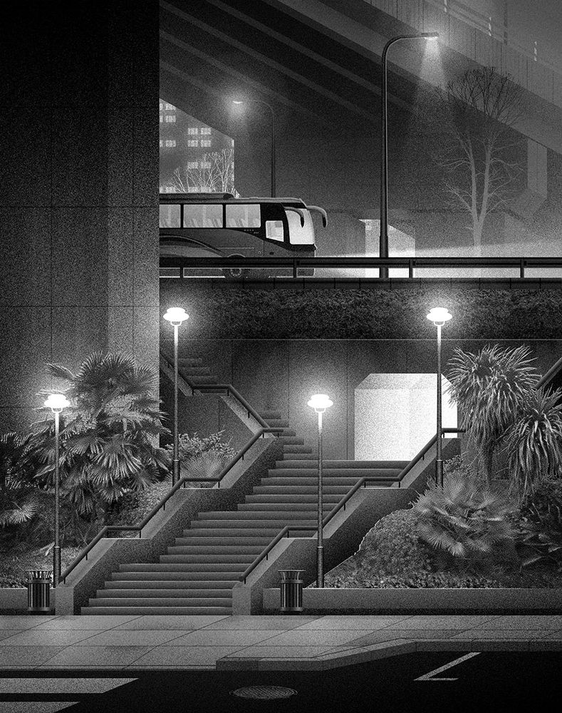 Grainy grayscale nocturnal urban landscape with collage elements. A lit tunnel exit faces a staircase doing down, sided by 4 lamps. Over the tunnel there are several levels of road, on the first of which a bus is passing. The highest level is a highway bridge that tops the scene.