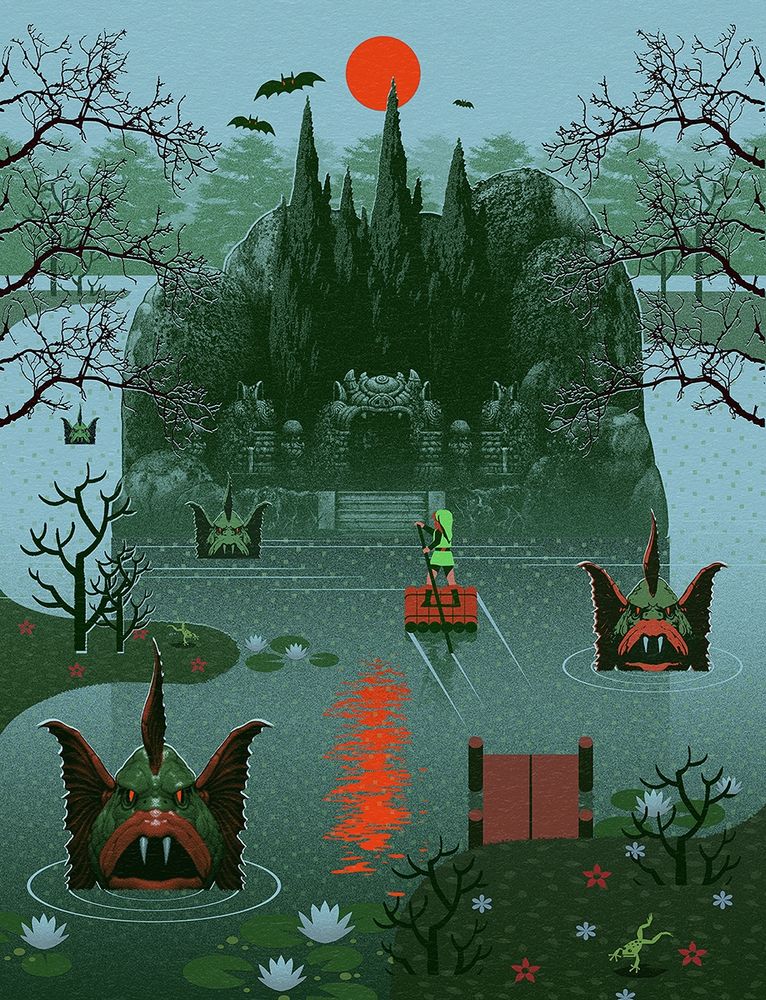 Collage illustration based on The Legend of Zelda, showing link on a raft going towards an island with a dungeon entrance. This is a reference to a part of the game where the player floats to an island in this way, but also an allusion to Isle of The Dead, a famous painting by Arnold Bocklin.