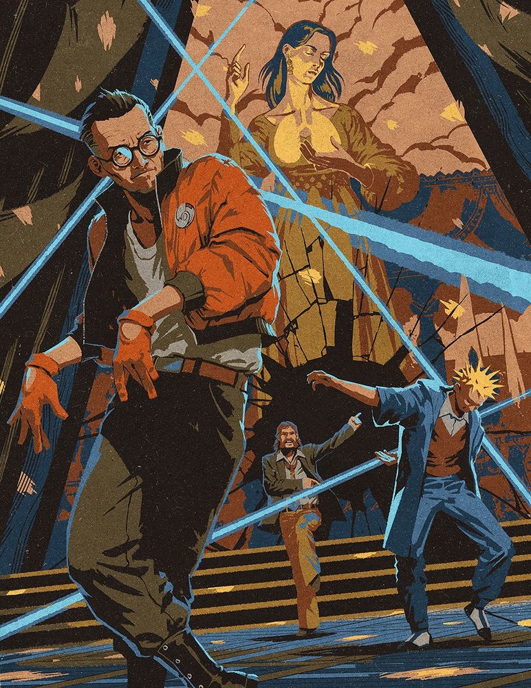 Illustration depicting a scene in Disco Elysium where the protagonists are dancing in a church. Raver Pete Andre can be seen dancing along them.
