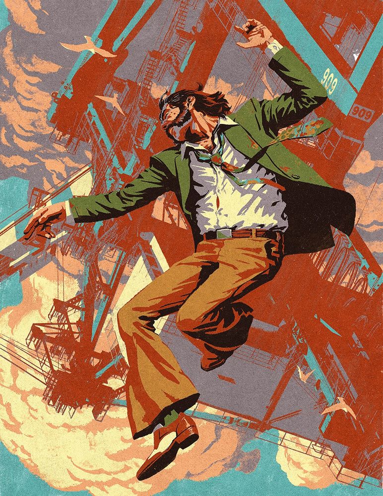 Illustration depicting Harry, the protagonist of the game Disco Elysium, falling. A crane is in the background. The image is inverted and Harry's pose is gracious, making him appear as if he's dancing.