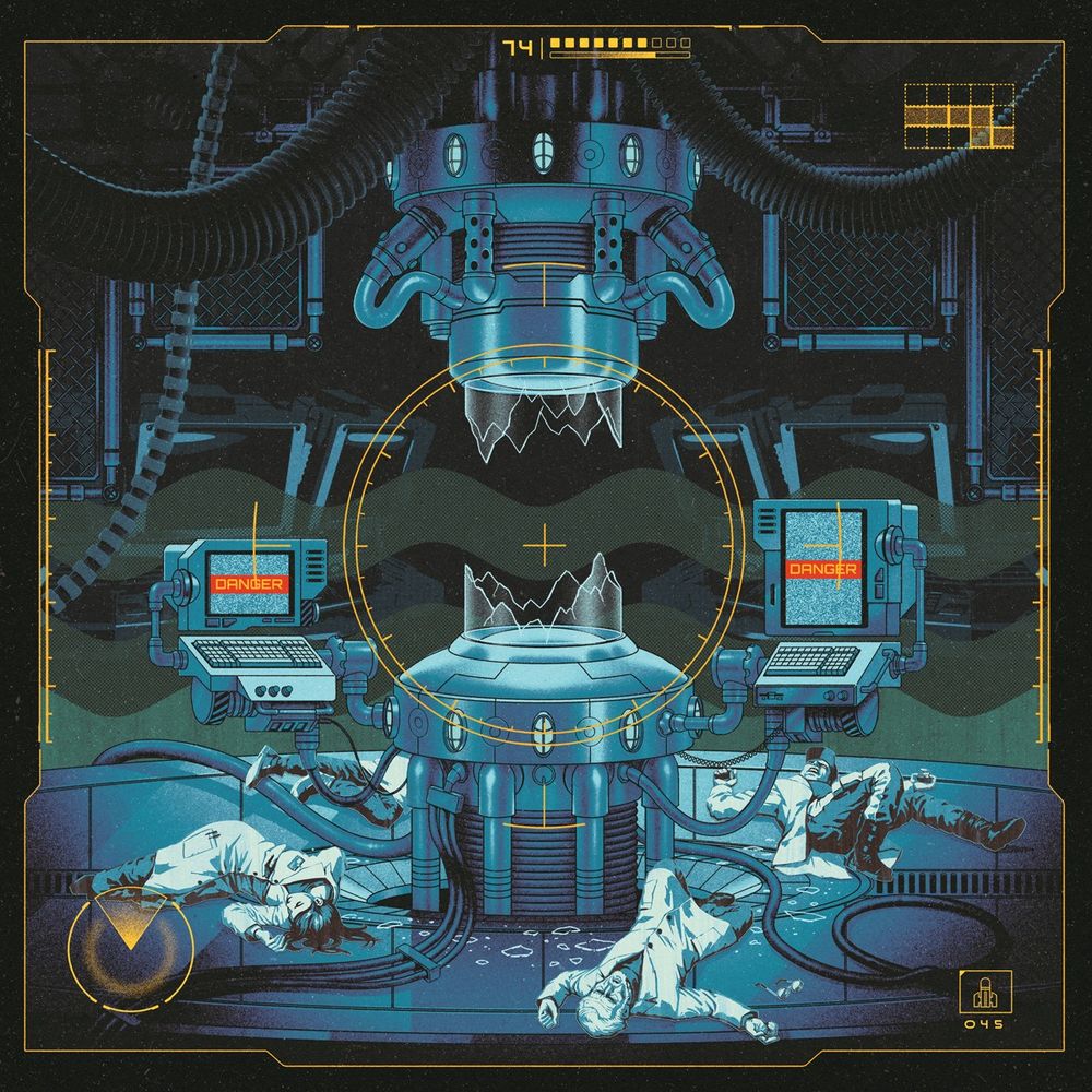 One more picture from this set of 4. The scene in this one, also from Super Metroid, is a lab room with computers around a big broken vertical glass vat in the middle. The computer screens are flashing DANGER in red, and 4 scientists lay dead in the floor around the vat. The frame is similar to the other images.