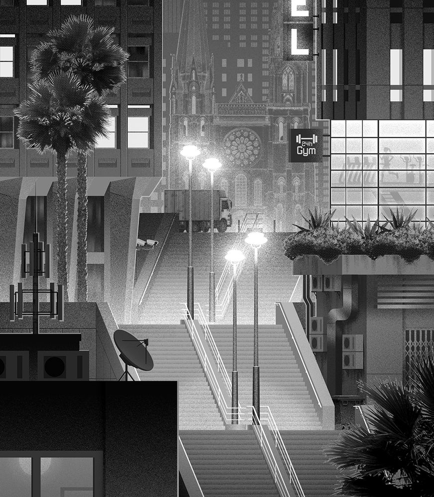 Grainy grayscale nocturnal urban landscape with collage elements. Big stairs taking more than half the height of the picture lead to an open area where a cathedral can be seen. There are modern buildings on both sides of the stairs, as well as some palm trees. Somebody is on the treadmill of a 24 hour gym.