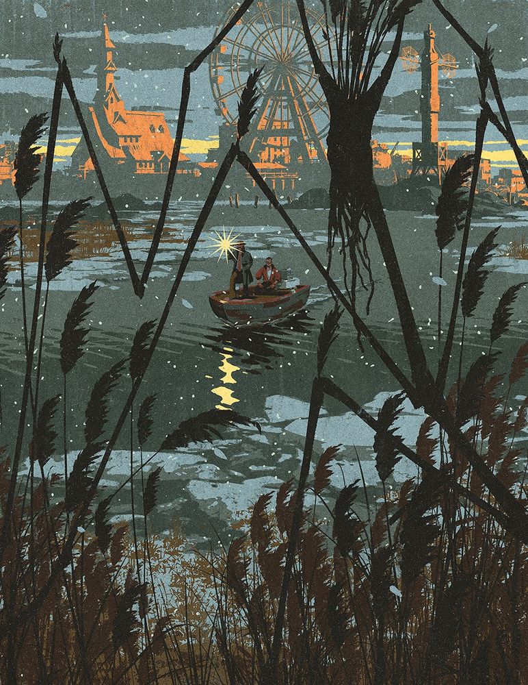 Illustration depicting a scene late in the game Disco Elysium, where the protagonists are off on a boat to explore an islet. Camouflaged within the reeds near the viewer, the Insulidian Phasmid, a local cryptid, can be seen.