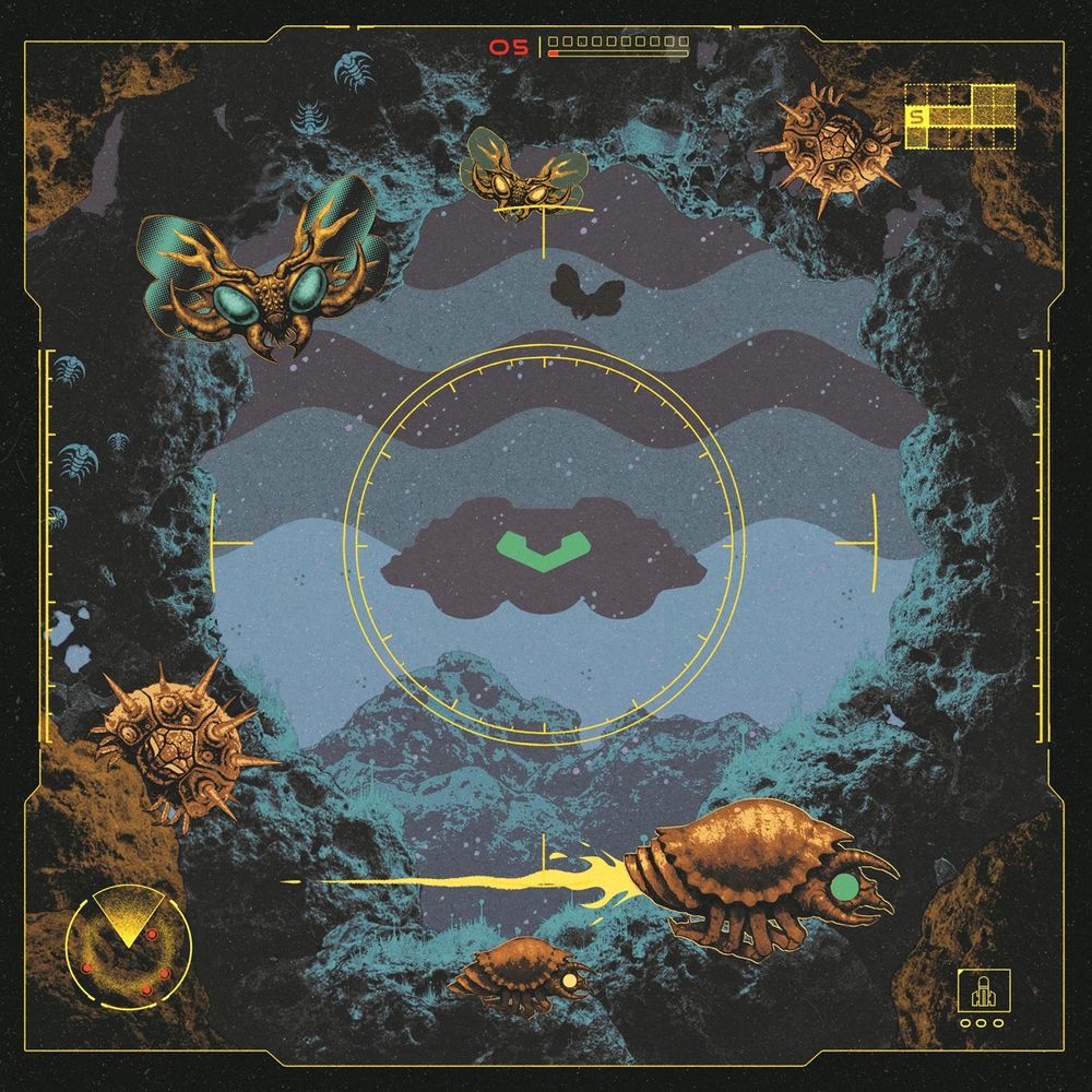 Another illustration in the same style showing another cave scene, this time centered on the entrance of the cave, through which we can see Samus's spaceship floating near the ground. Some more insects move around the walls of the cave. The frame is similar to the first image.