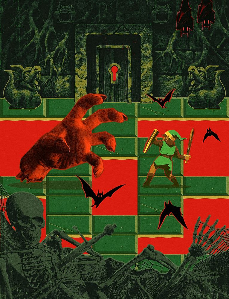 Collage illustration based on The Legend of Zelda. In this one, Link fights a giant hand trying to grab him. The ground they are standing on is made of rock blocks forming paths and a platform, surrounded by a bright red liquid that looks like lava. There is a skeleton in the foreground, trespassed by a sword, and a dirty old door with a big keyhole in the background.