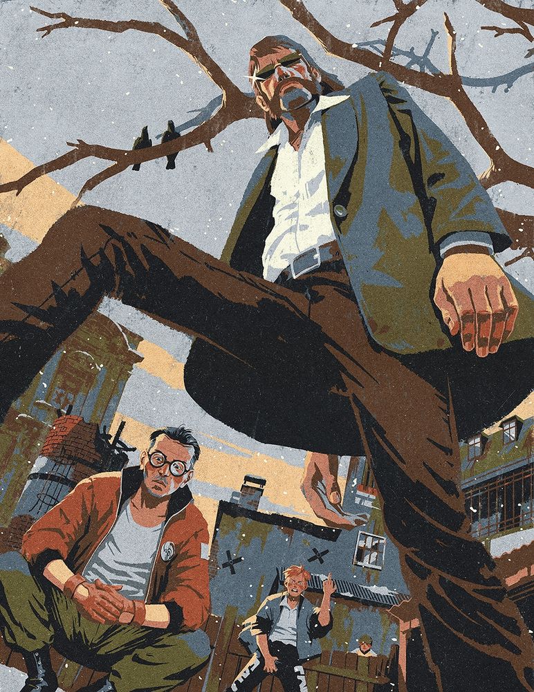 Illustration depicting an investigation scene in the game Disco Elysium. Protagonists are seen from the perspective of the dead man they are inspecting, while getting insulted by the rascal Cuno.