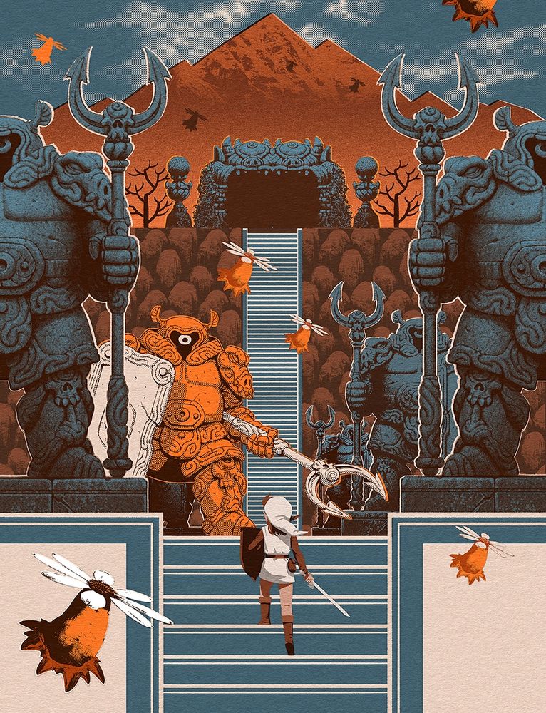 Collage illustration based on The Legend of Zelda, for the NES. Shows link going up a set of stairs up the mountain, towards a dungeon entrance in the background. But in front of him, in the middle-ground, there is a plateau with a group of Armos statues. One of them, of a different color, seems animated and is coming to fight Link.