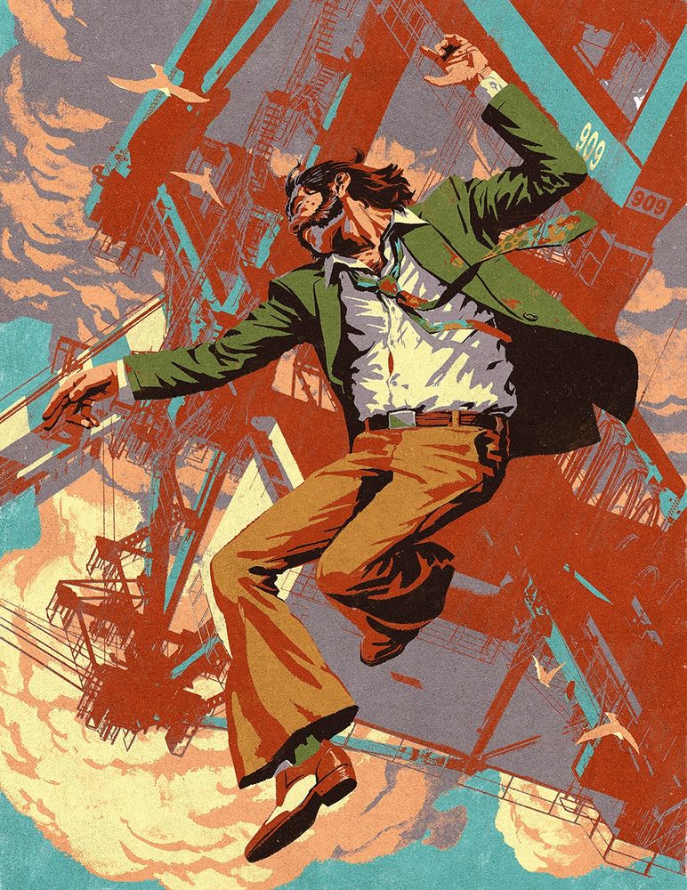 Illustration depicting Harry, the protagonist of the game Disco Elysium, falling. A crane is in the background. The image is inverted and Harry's pose is gracious, making him appear as if he's dancing.