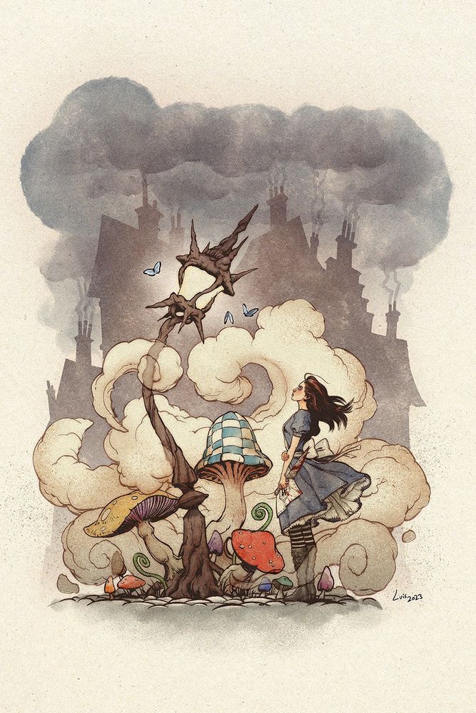 An illustration of Alice, the protagonist of American McGee's Alice/Alice: Madness Returns, having a stare-off with a spikey street lamp, surrounded by mushrooms and smoke.