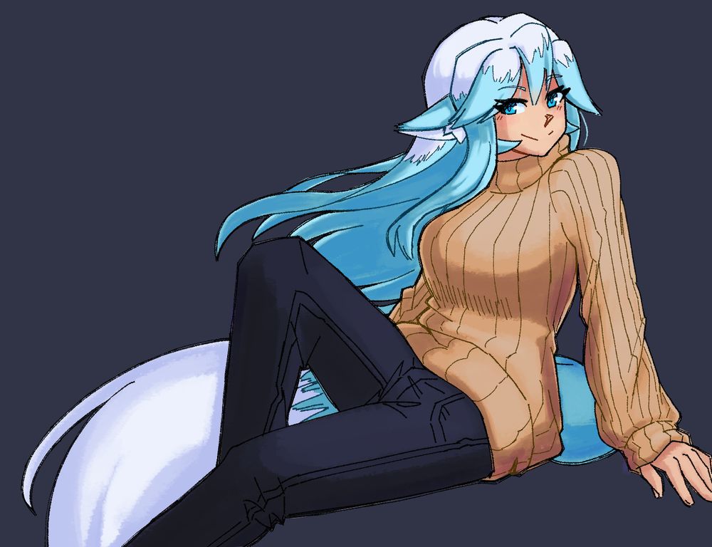 Lumi, my blue and white haired fox girl sitting in a relaxed pose and smiling at the viewer. she is wearing a tan sweater and black jeans.