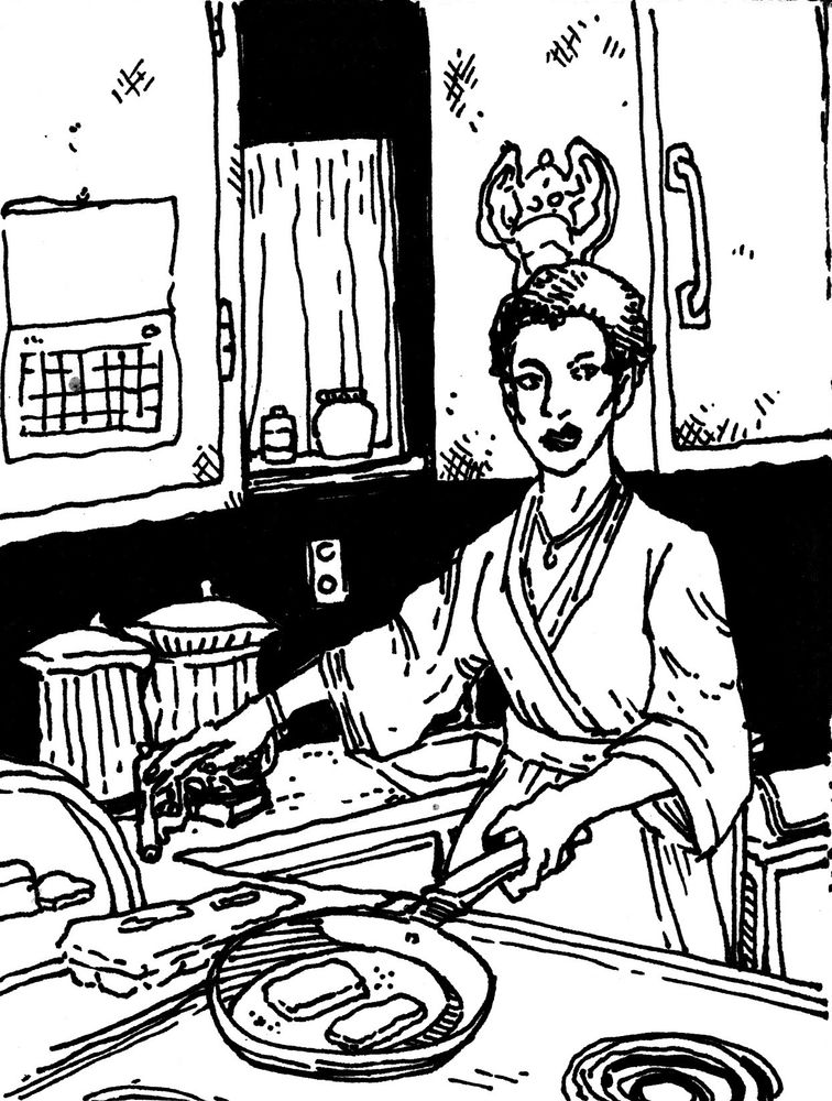 Black and white drawing of a woman in a bathrobe cooking breakfast