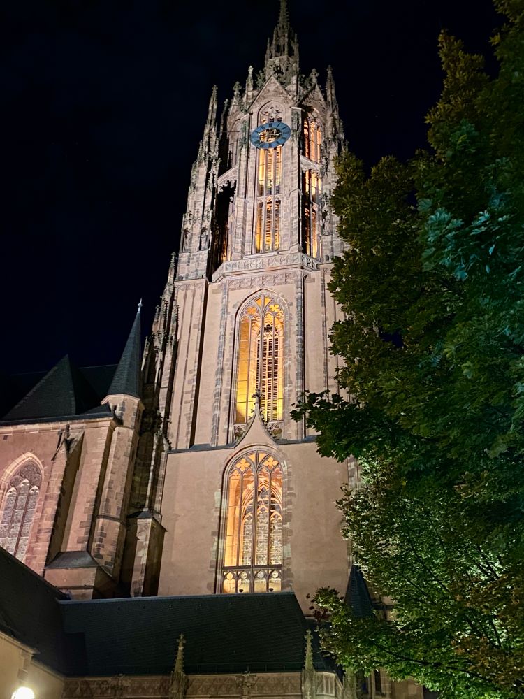 Night sky, spire of cathedral in Frankfurt am Main, framed on the right by green trees.