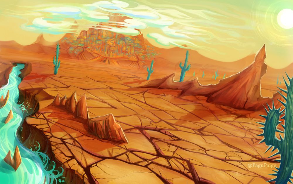 a dessert landscape sets with long shadows as the sun begins to set, a long river, sharps rocks and cacti are the only things occupying the land. The only town for miles can be seen off in the distance. 