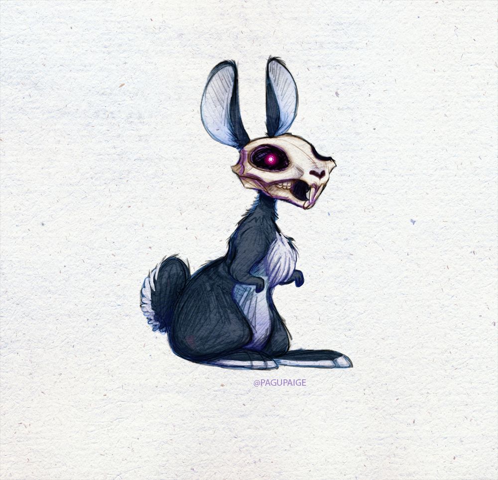 A Black and white bunny with a skull for a face.