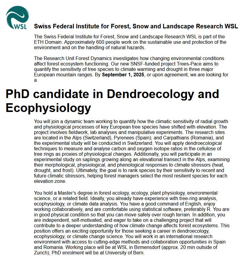 PhD candidate in Dendroecology and Ecophysiology
The project involves fieldwork, lab analyses and manipulative experiments. The research sites are located in the Alps (Switzerland), Pyrenees (Spain), and Carpathians (Romania), and the experimental study will be conducted in Switzerland. You will apply dendroecological techniques to measure and analyse carbon and oxygen isotope ratios in the cellulose of tree rings as proxies of physiological changes. Additionally, you will participate in an experimental study on saplings growing along an elevational transect in the Alps, examining their morphological, physiological, and phenological responses to climate stressors (heat, drought, and frost). Ultimately, the goal is to rank species by their sensitivity to recent and future climatic stressors, helping forest managers select the most resilient species for each elevation zone.
You hold a Master’s degree in forest ecology, ecology, plant physiology, environmental science, or a related field. Ideally, you already have experience with tree-ring analysis, ecophysiology, or climate data analysis. You have a good command of English, enjoy working collaboratively, and are comfortable using statistical software, preferably R. You are in good physical condition so that you can move safely over rough terrain. In addition, you are independent, self-motivated, and eager to take on a challenging project that will contribute to a deeper understanding of how climate change affects forest ecosystems. This position offers an exciting opportunity for those seeking a career in dendroecology, ecophysiology, or climate change science. You will work in an international research environment with access to cutting-edge methods and collaboration opportunities in Spain and Romania. Working place will be at WSL in Birmensdorf (approx. 20 min outside of Zurich); PhD enrolment will be at University of Bern. 
