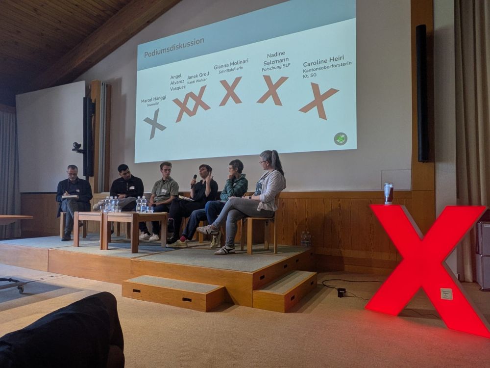 Teilnehmende an einer Podiumsdiskussion im Rahmen der Tagung Forum für Wissen: Extremes sitzen vor einem Slide mit vielen X