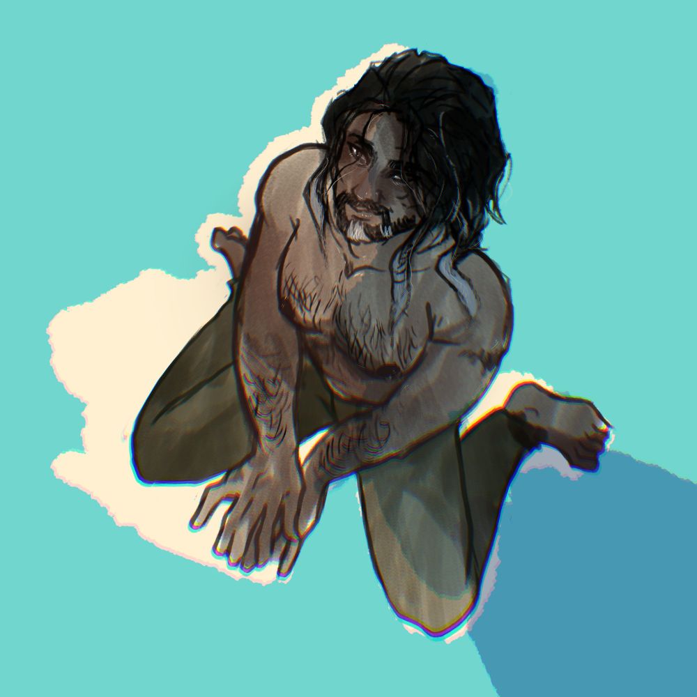 Colored sketch of a man on his knees, viewed from a high angle. He has a big hairy chest and arms and he is smiling.
