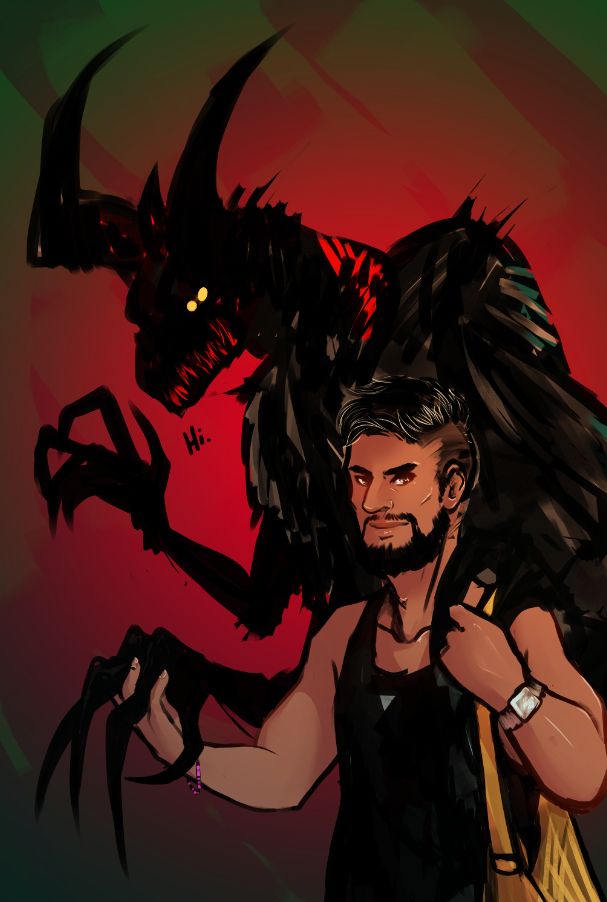 Drawing of a bearded man in front, holding hands with a shadowy monster. He is smiling and so is probably the monster. The monster is saying "Hi"