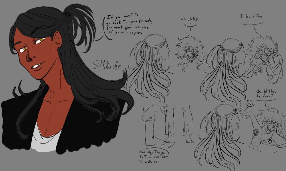 Aine and Tezcatlipoca's first meeting in lb7
Tez: if you want to go back to your friends, you must give me one of your weapons
Aine: uuuuhhhh
Aine, pointing at her left arm made of alloyed gold: I have this 
Aine, pointing at her legs made of alloyed gold: and these too, but I use them to walk, so
Aine, taking off her left arm: would this be fine?
Tez, smilling: HAH! Yes