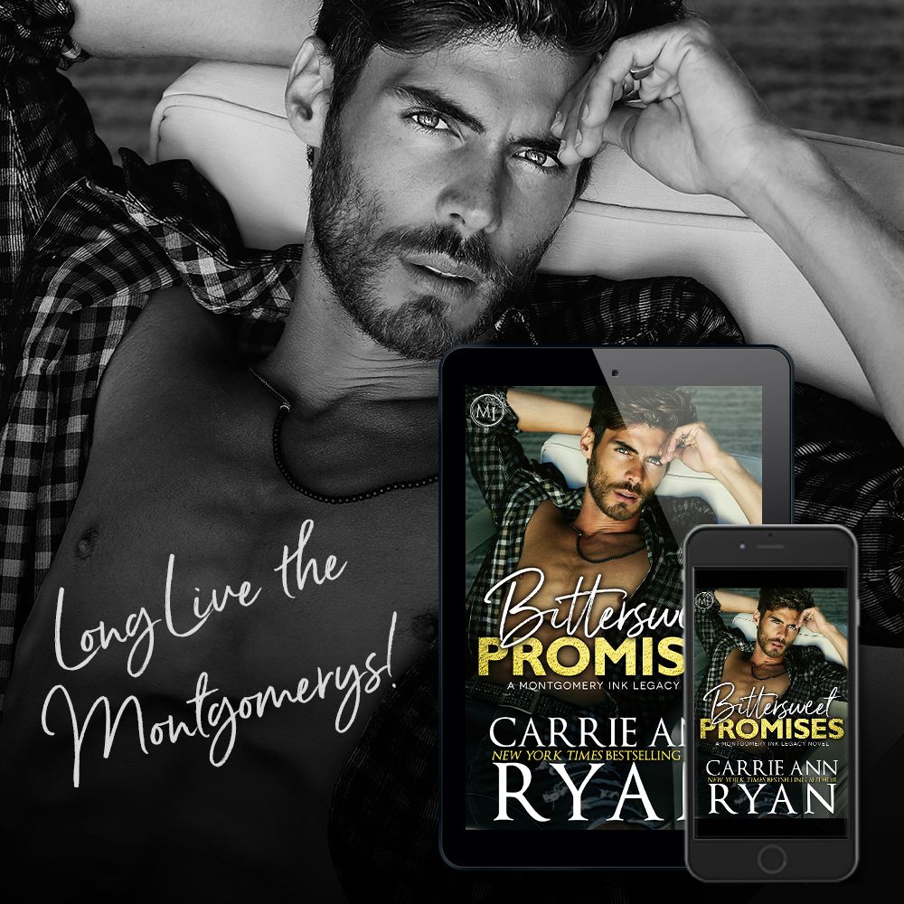 Long love the Montgomerys. Man on chair in black in white. Ebook and phone book cover of Bittersweet Promises in yellow in foreground. 