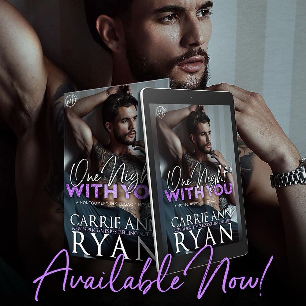 Ebook and paperback cover of One Night With you. 
Background is shirtless, tattooed man lying on bed. 
Purple text reads: Available Now! 