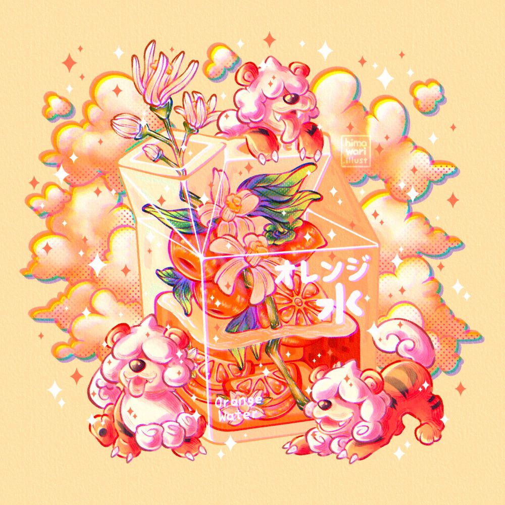 A carton of orange liquid growing an orange blossom branch. Three hisuian growlithe sit around the carton and there are cream colored clouds in the background