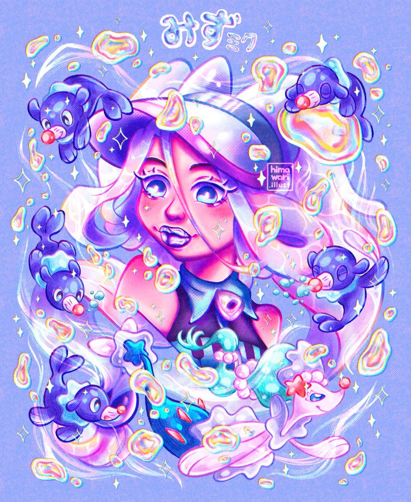 A portrait of water miku from project voltage. Primarina and popplio are swimming around her