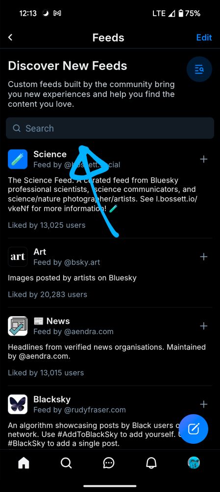 Steps to find any feed, shown in pictures with arrows 
Step 3, scroll down to the search bar. 