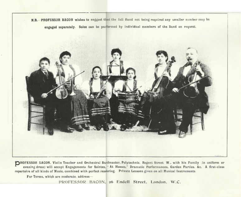 A Victorian poster showing a photograph of a family of musicians, including the father, 'Professor Bacon' and six children, all posed with different instruments.