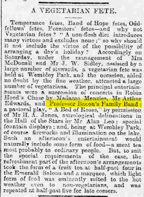 newspaper article from the British Newspaper Archive about a vegetarian fete in 1898 at Wembley Park