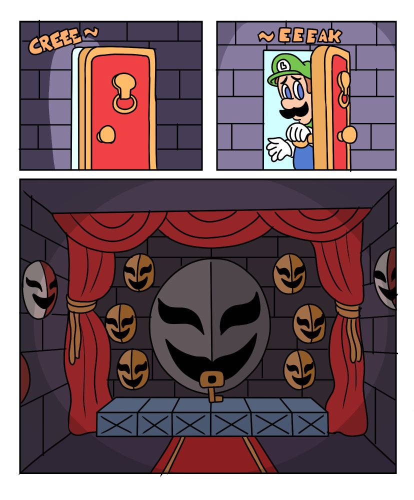 An adaptation in the form of a comic strip of Luigi from Super Mario Bros. 2 entering one of the rooms in the game where Phantos guard a key you need to progress. The decor is based on how the rooms appear in the Super Mario All-Stars and Super Mario Advance versions of the game.