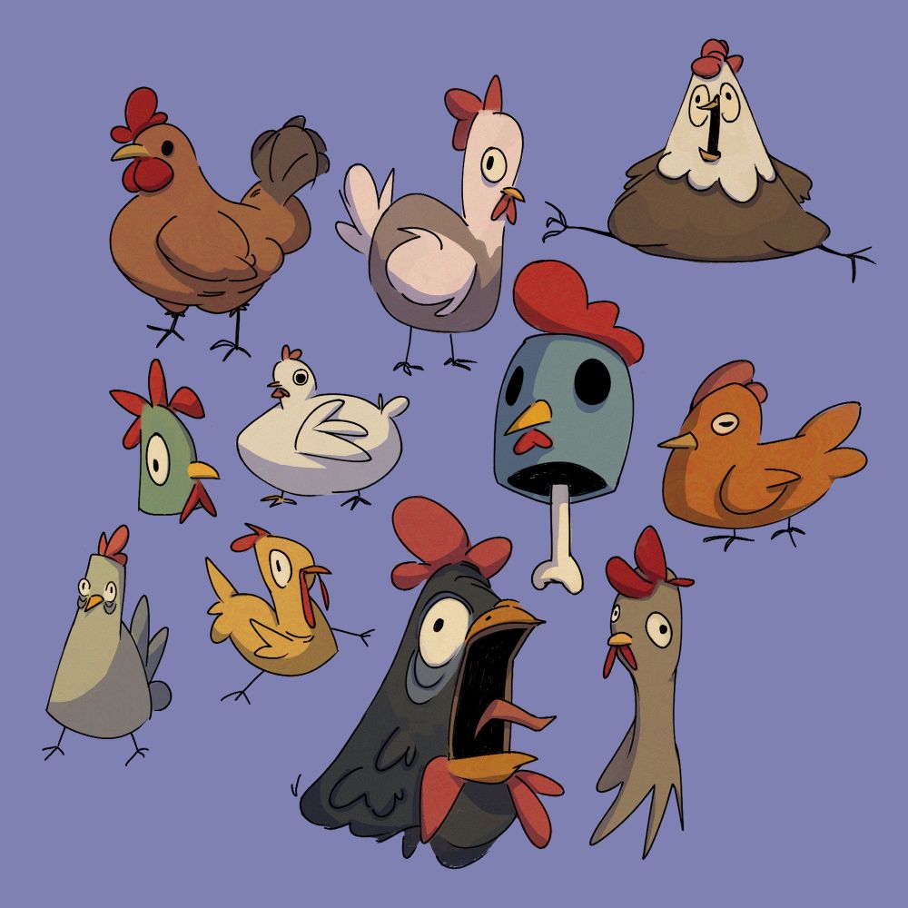 a bunch of sketches of chickens, some look really stupid like "no thoughts just vibes"
