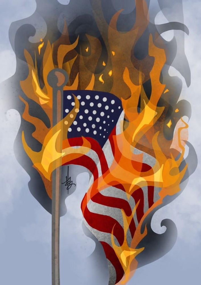 Digital painting of a burning US flag, still on the flagpole, with lots of smoke & some sparks flying up.