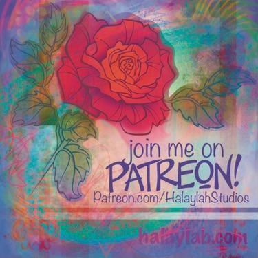 A digital painting of a red-orange rose against a background of mixed colors & textures - like grunge, but way more colorful. To the right of the rose is a white semi-transparent rectangular panel with ourple lettering, that says 