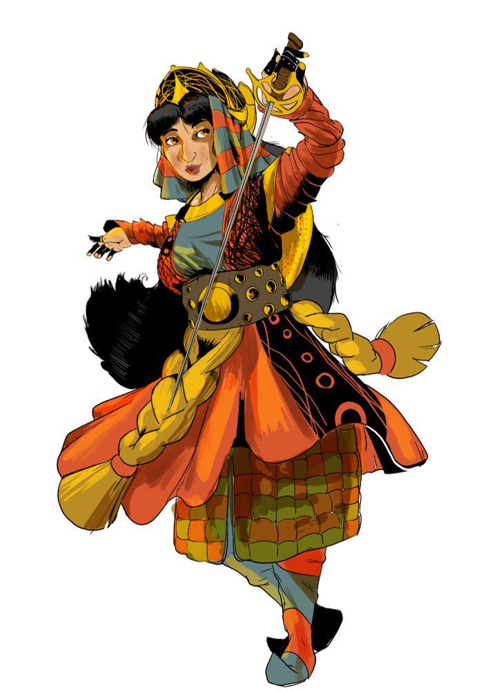 Woman in colorful clothing in a defensive fencing stance, the hilt of the rapier is wrapped in gold. She wears a decorative headdress with long flowing black hair. On her is a red and blue tunic.