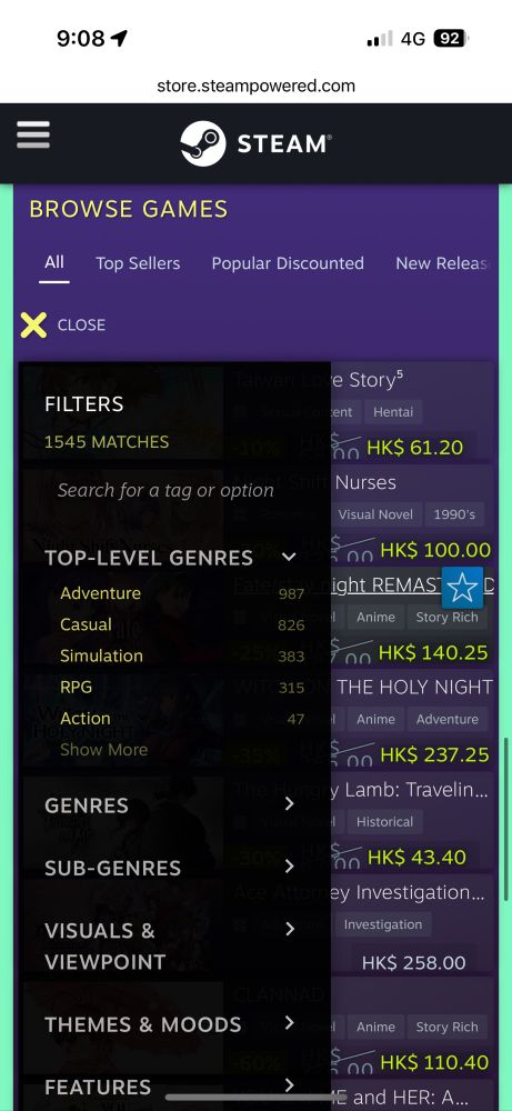 Steam VN Fest page filter dropdown on Mobile