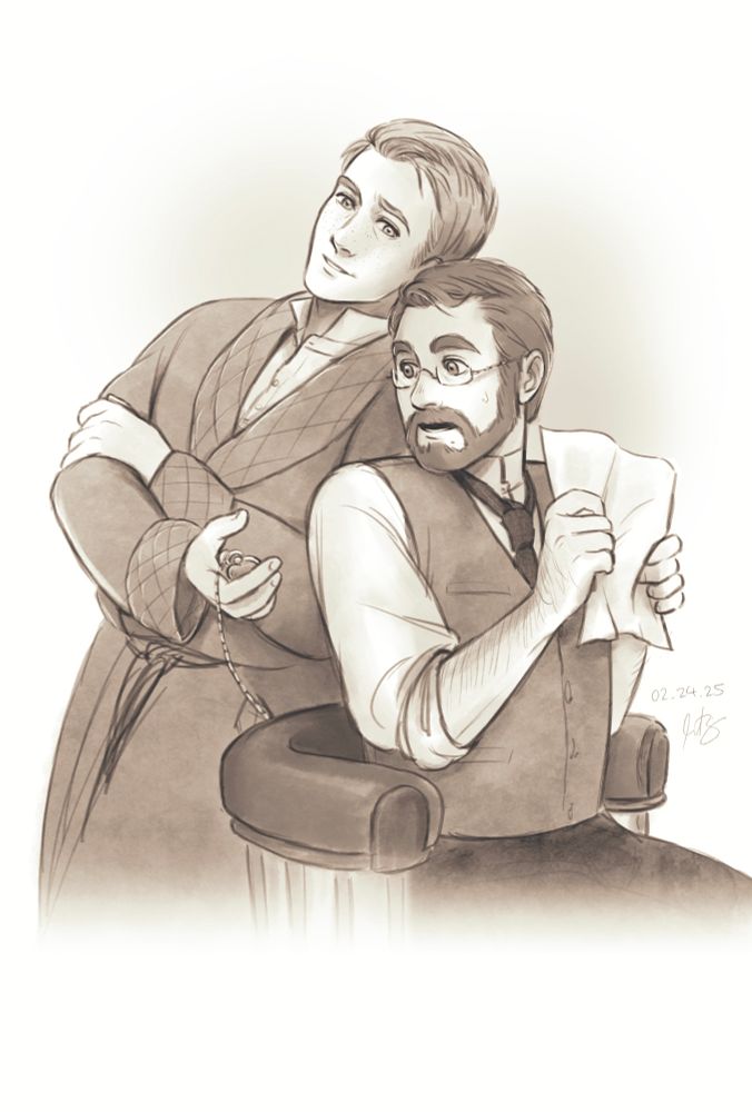 A sepia toned illustration of two Victorian men; the man wearing glasses looks in surprise at the pocket watch the robed man is holding.