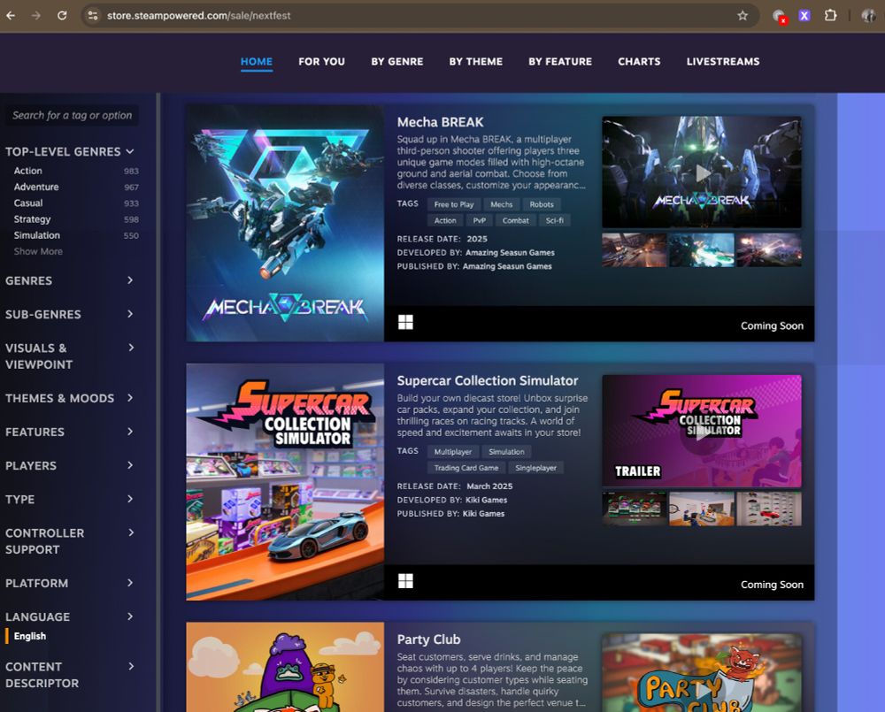 Steam Next Fest's browsing section, with a filtration sidebar built into the games list.